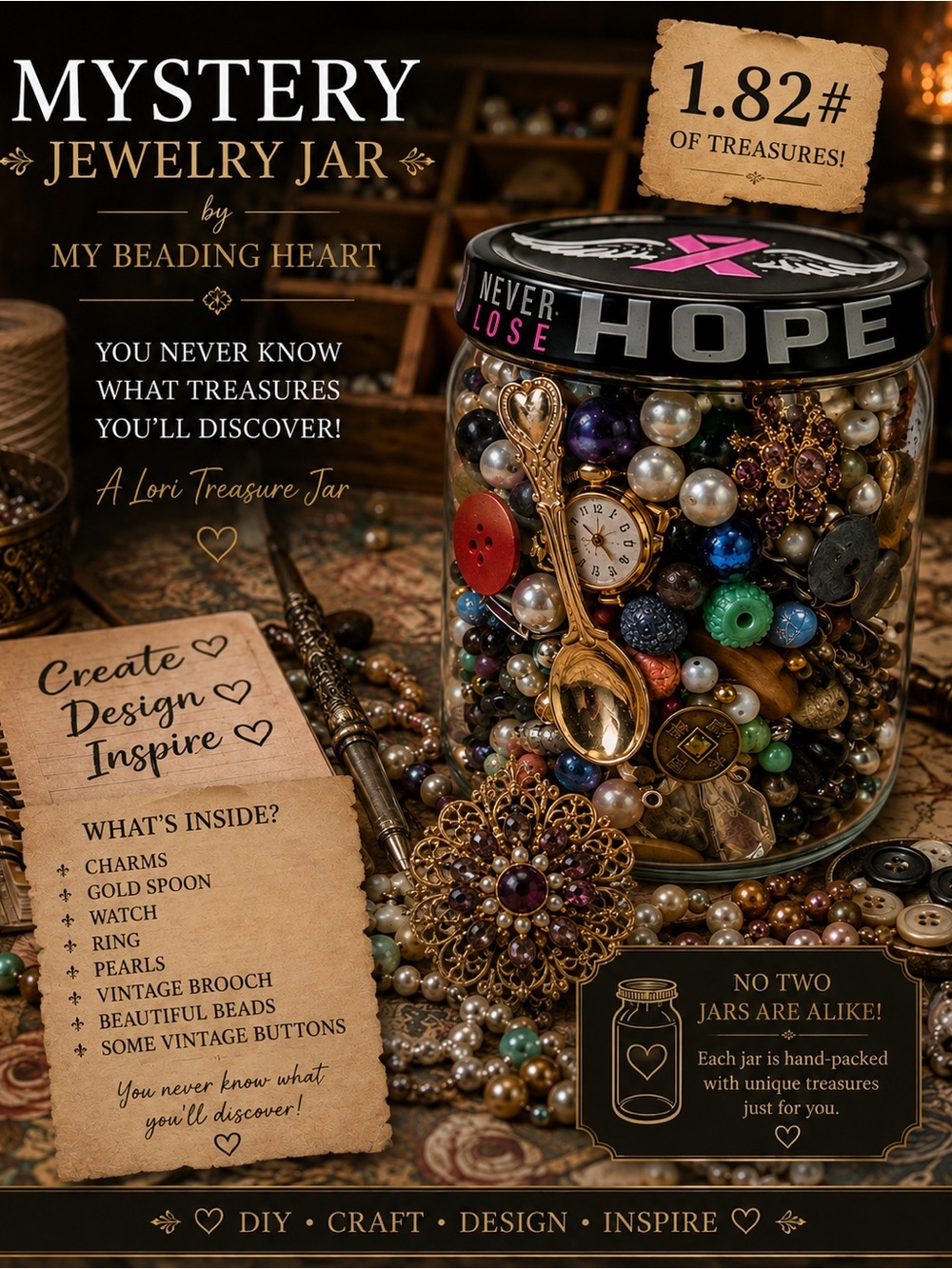 Mystery Jar of Treasures Brooch, Watch, Wearables, Assorted Beads & Trinkets 1.8